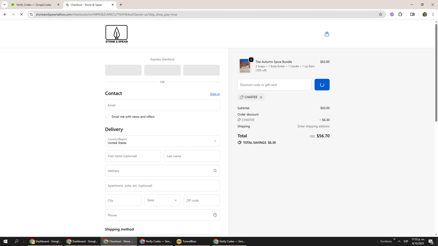 Stone & Spear promo code screenshot showing code CHAFFEE applied at Stone & Spear checkout page. Uploaded by SimplyCodes community member Phoenix585 on Oct 5, 2025