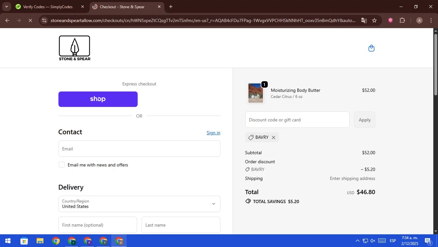 Stone & Spear promo code screenshot showing code BAVRY applied at Stone & Spear checkout page. Uploaded by SimplyCodes community member ScanFalcon6148 on Dec 2, 2025