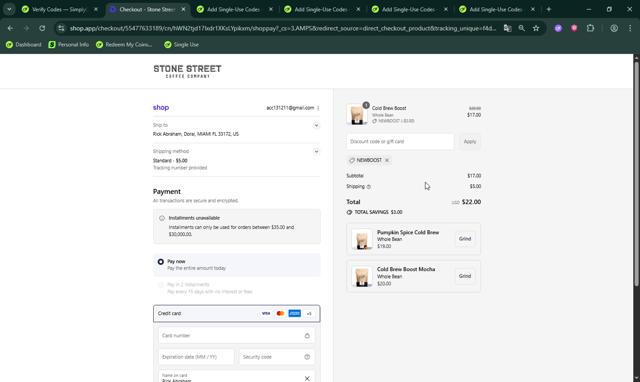Stone Street Coffee checkout page showing Stone Street Coffee coupon code box | Screenshot taken by SimplyCodes community member on Sep 12, 2025