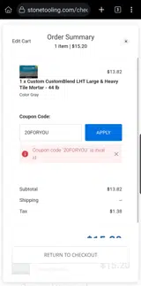StoneTooling.com coupon verification screenshot