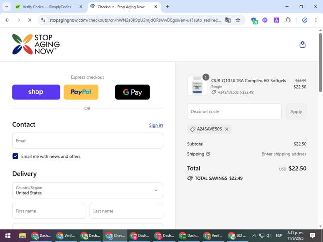 Stop Aging Now checkout page showing Stop Aging Now promo code box | Screenshot taken by SimplyCodes community member on Sep 12, 2025
