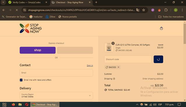 Stop Aging Now checkout page showing Stop Aging Now promo code box | Screenshot taken by SimplyCodes community member on Sep 12, 2025