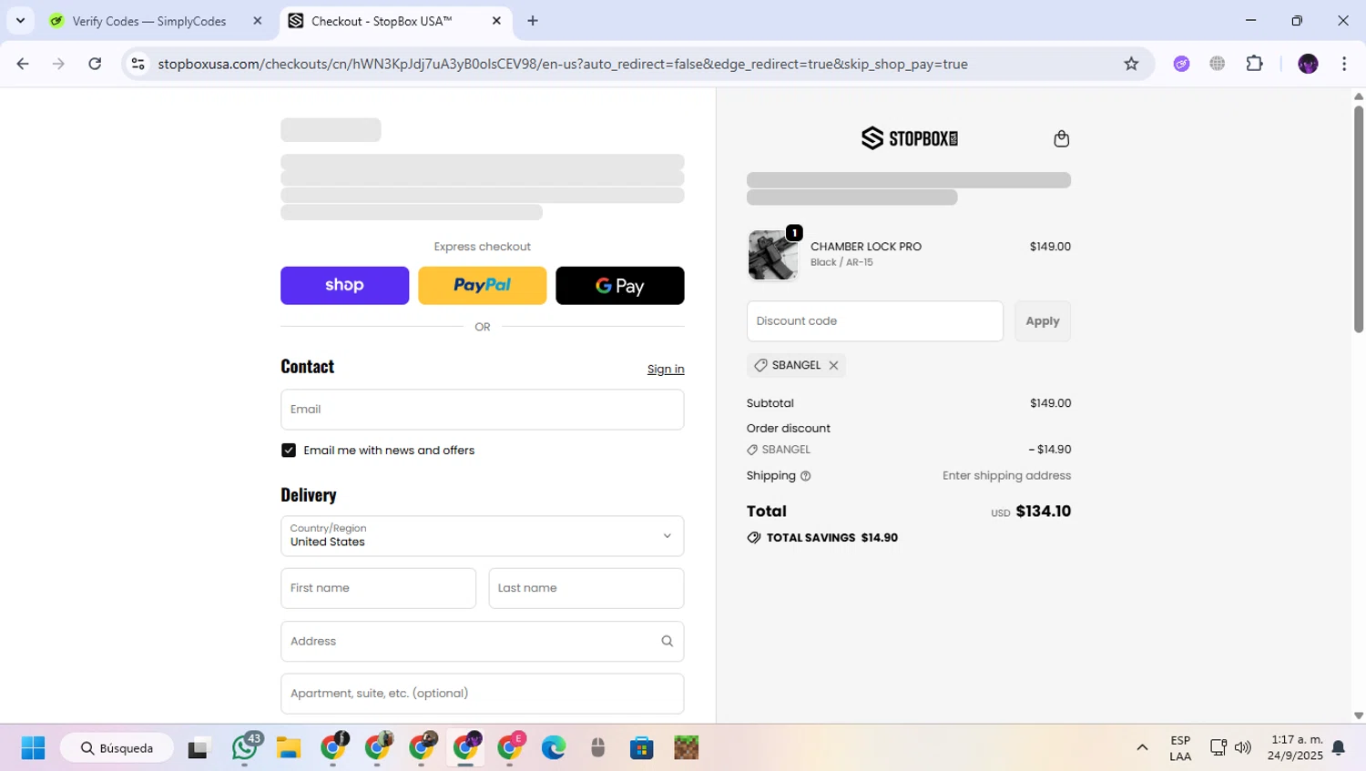 StopBox USA discount code screenshot showing code Sbangel applied at StopBox USA checkout page. Uploaded by SimplyCodes community member GloriousGuardian9063 on Sep 24, 2025