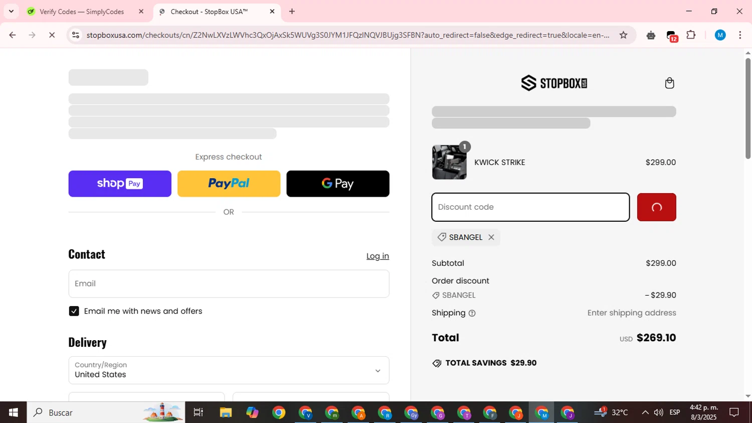 StopBox USA discount code screenshot showing code Sbangel applied at StopBox USA checkout page. Uploaded by SimplyCodes community member LegendaryCurator1585 on Mar 8, 2025