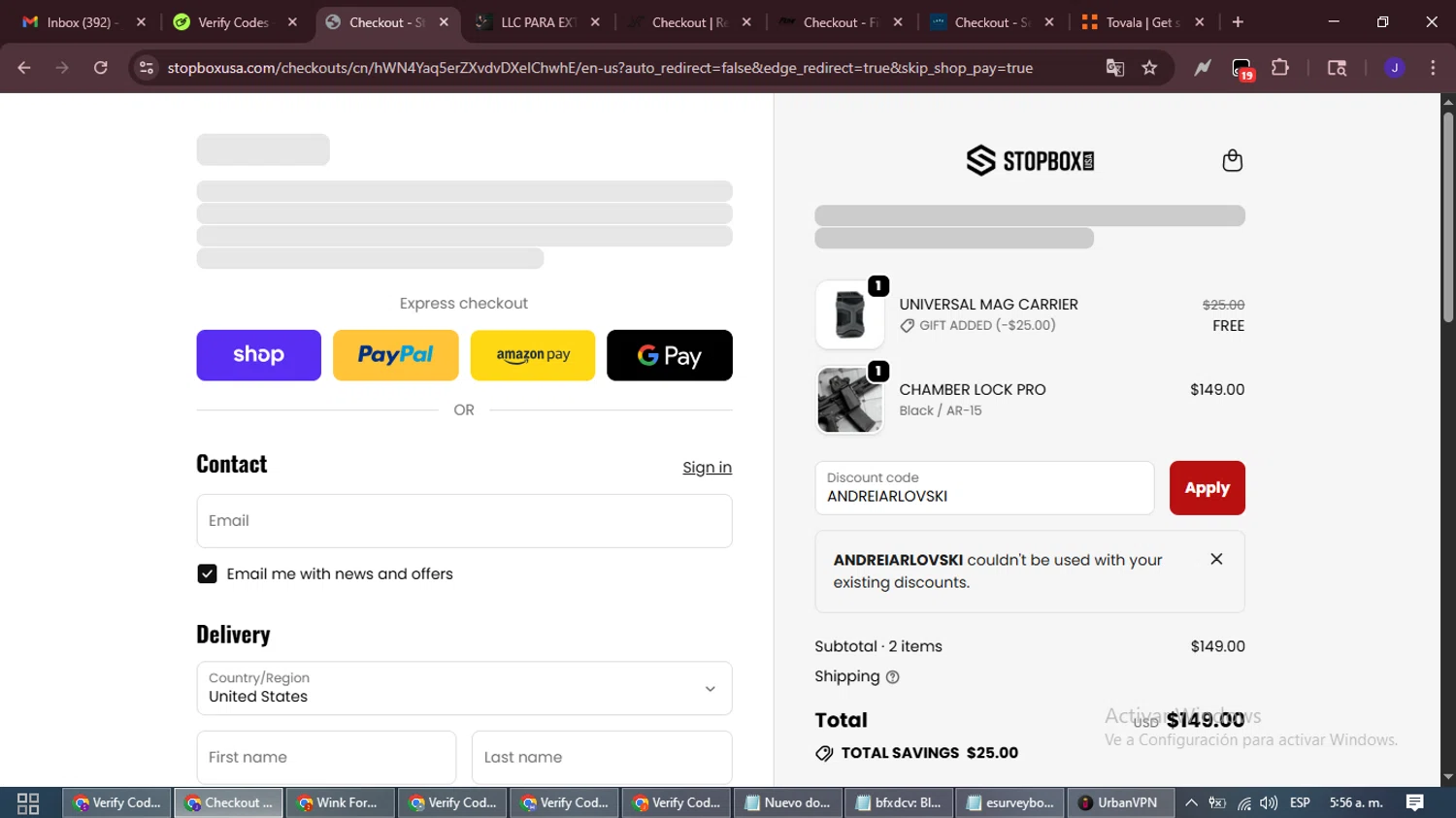 StopBox USA discount code screenshot showing code ANDREIARLOVSKI applied at StopBox USA checkout page. Uploaded by SimplyCodes community member LegendaryLegend9872 on Oct 26, 2025