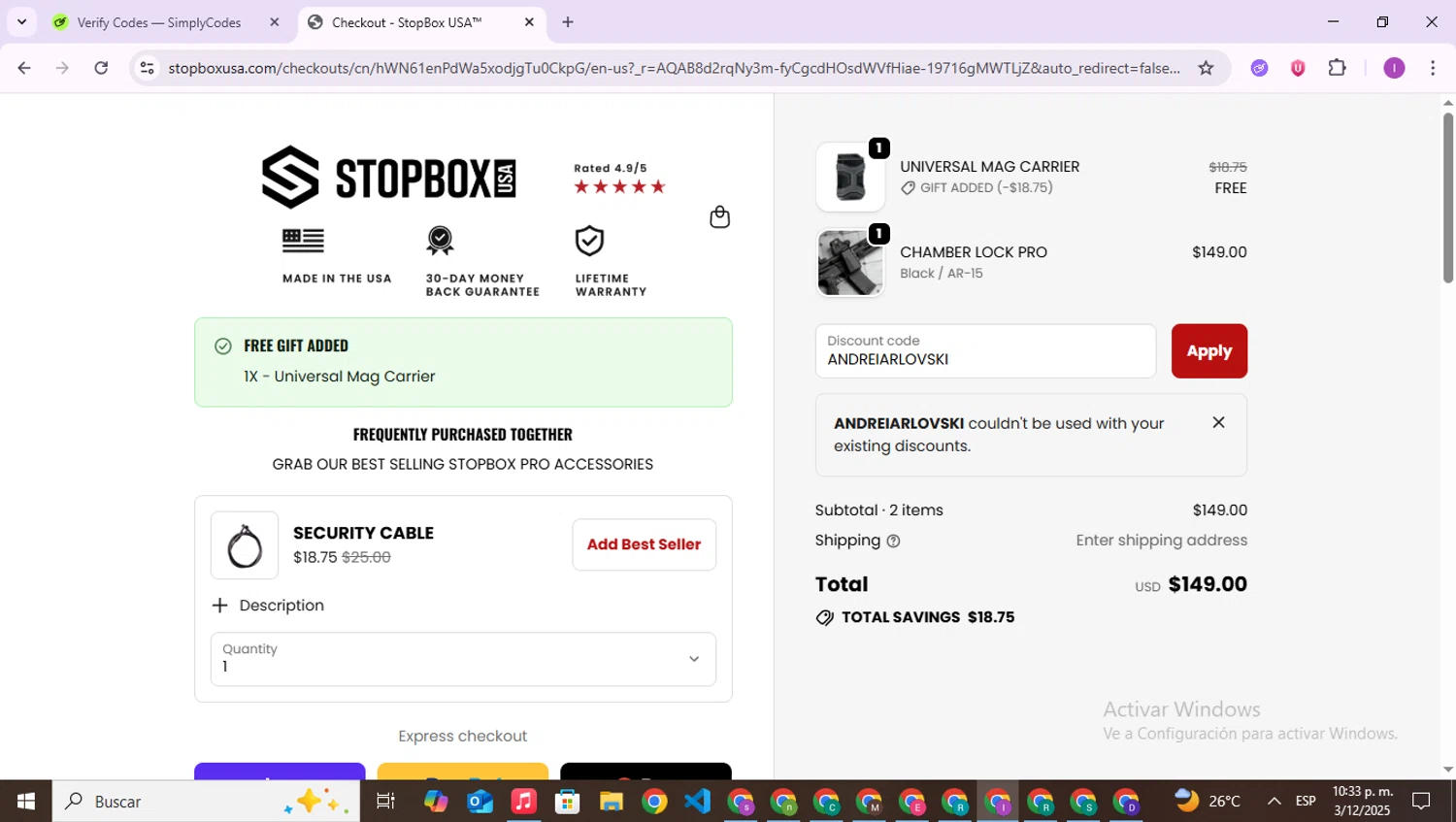 StopBox USA discount code screenshot showing code ANDREIARLOVSKI applied at StopBox USA checkout page. Uploaded by SimplyCodes community member RebateAce6764 on Dec 4, 2025