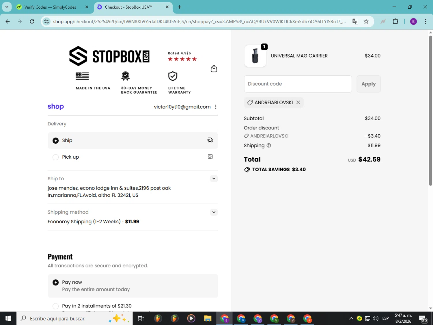 StopBox USA checkout page showing StopBox USA discount code box | Screenshot taken by SimplyCodes community member on Feb 8, 2026