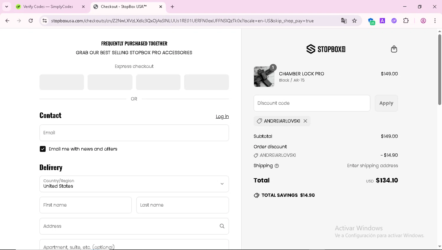 StopBox USA discount code screenshot showing code ANDREIARLOVSKI applied at StopBox USA checkout page. Uploaded by SimplyCodes community member FortunateEagle7007 on Apr 24, 2025