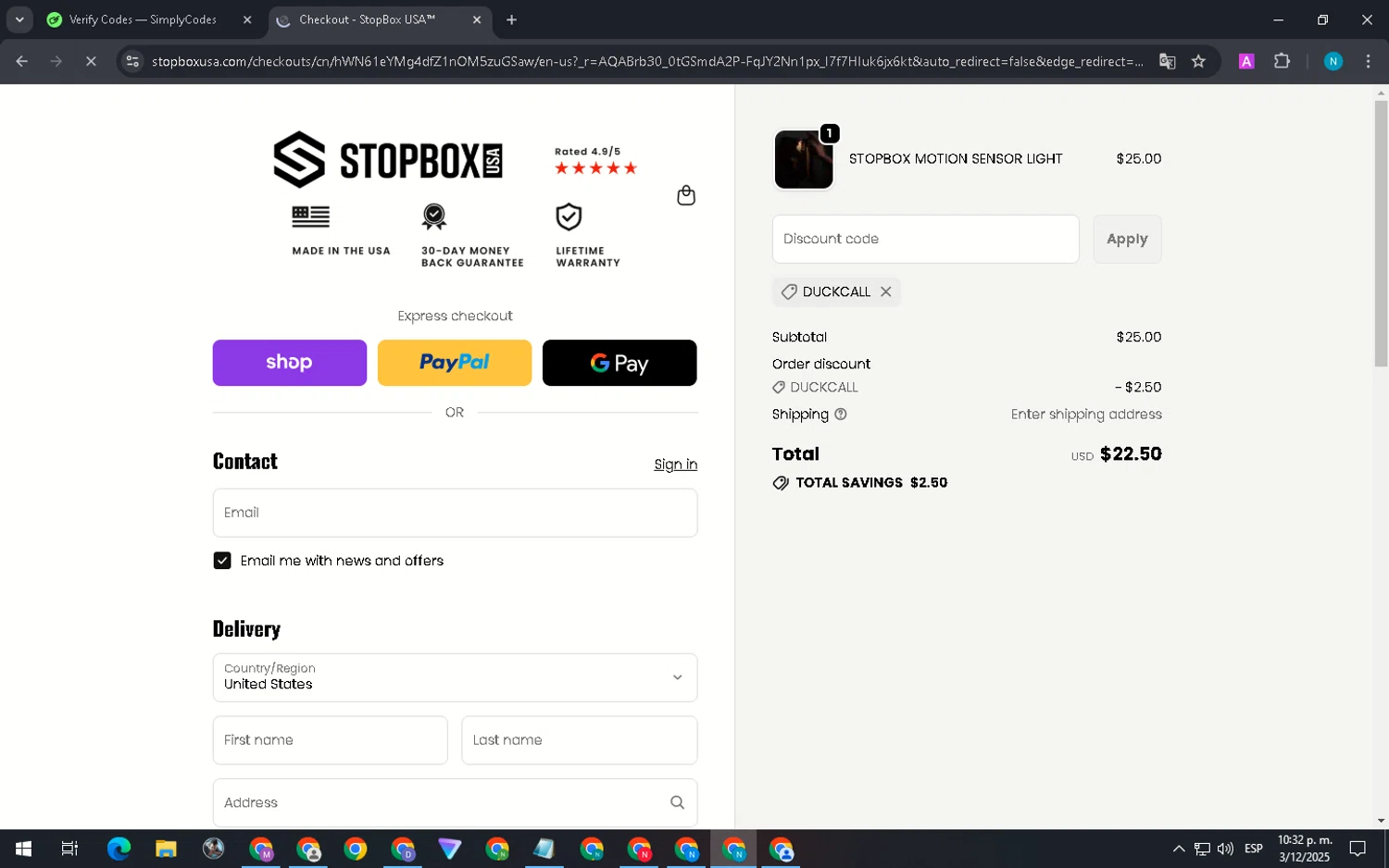 StopBox USA discount code screenshot showing code DUCKCALL applied at StopBox USA checkout page. Uploaded by SimplyCodes community member DiscountGenius5394 on Dec 4, 2025