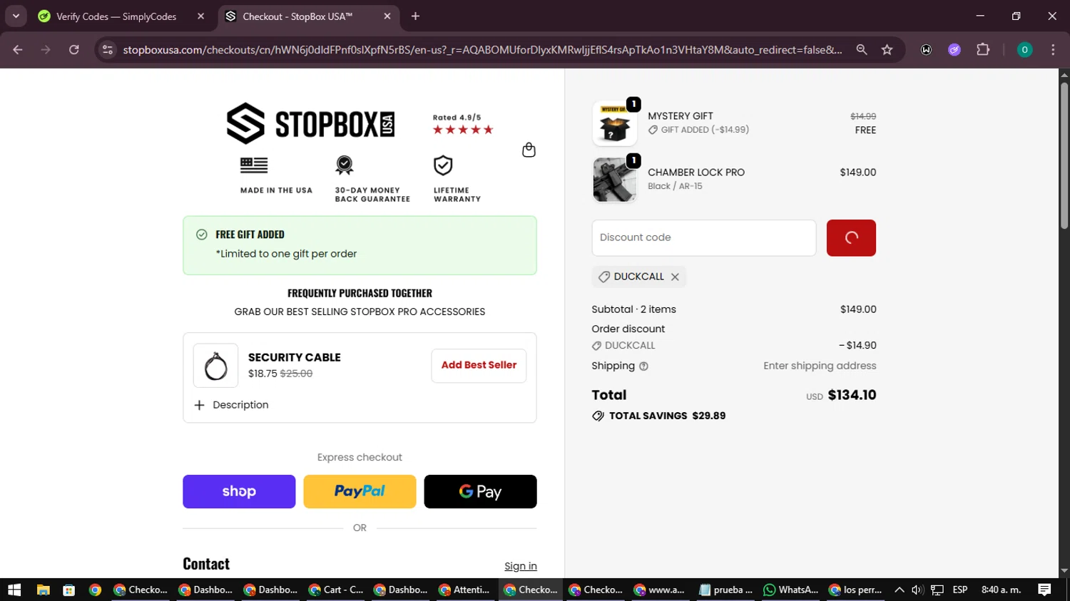 StopBox USA discount code screenshot showing code DUCKCALL applied at StopBox USA checkout page. Uploaded by SimplyCodes community member LuckyDefender9428 on Dec 22, 2025