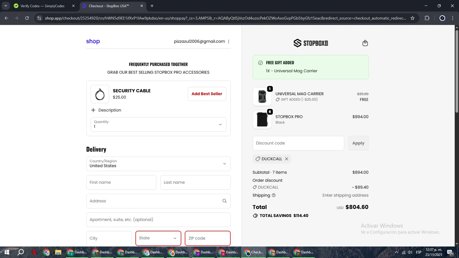 StopBox USA discount code screenshot showing code DUCKCALL applied at StopBox USA checkout page. Uploaded by SimplyCodes community member RoyalBoss4384 on Nov 23, 2025