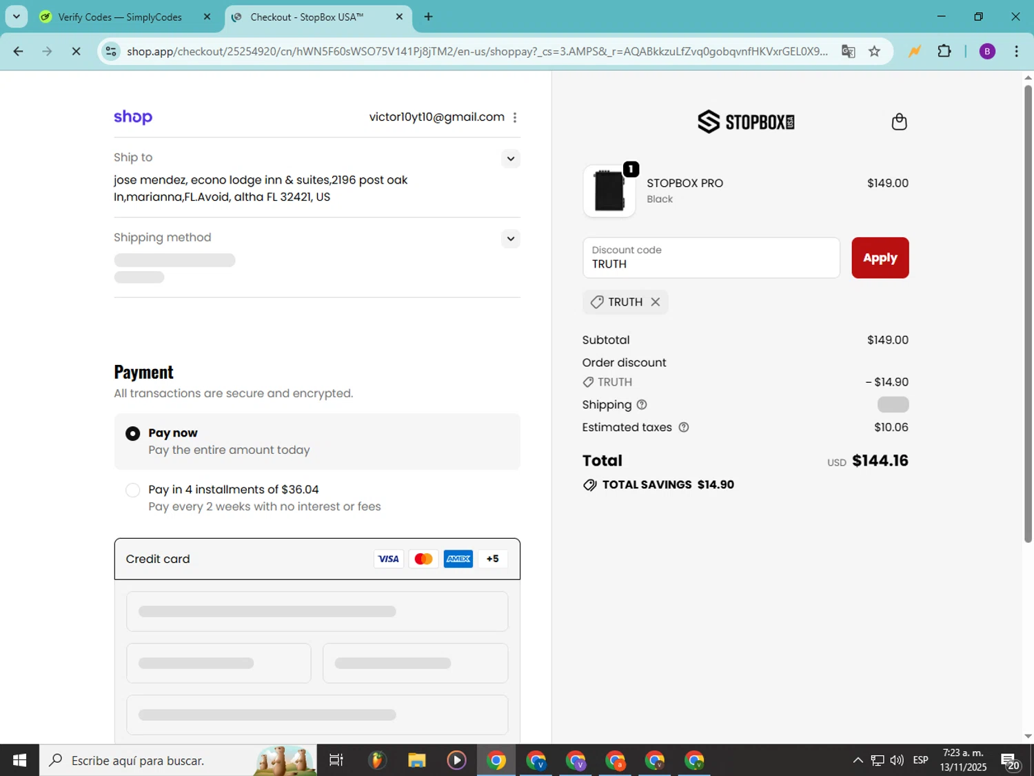 StopBox USA discount code screenshot showing code TRUTH applied at StopBox USA checkout page. Uploaded by SimplyCodes community member Soyvictor on Nov 13, 2025