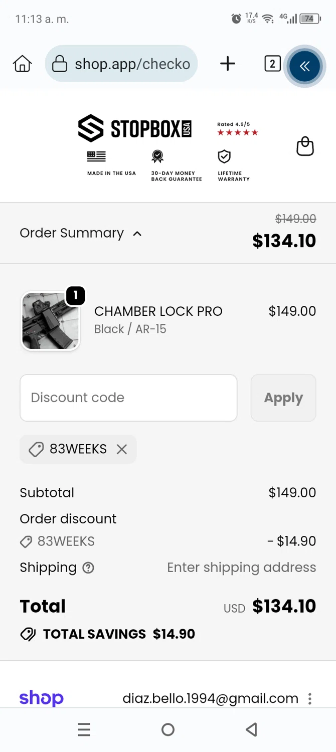 StopBox USA discount code screenshot showing code 83WEEKS applied at StopBox USA checkout page. Uploaded by SimplyCodes community member Anthony_Diaz on Dec 9, 2025