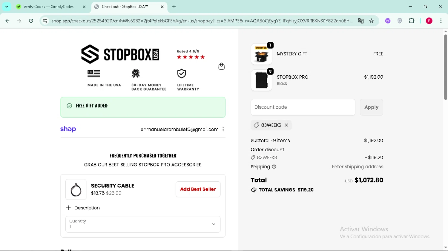 StopBox USA discount code screenshot showing code 83WEEKS applied at StopBox USA checkout page. Uploaded by SimplyCodes community member Arambulet on Dec 15, 2025