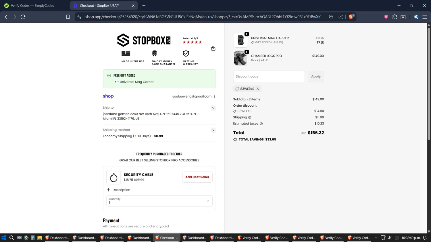 StopBox USA discount code screenshot showing code 83WEEKS applied at StopBox USA checkout page. Uploaded by SimplyCodes community member SoulPower on Dec 4, 2025