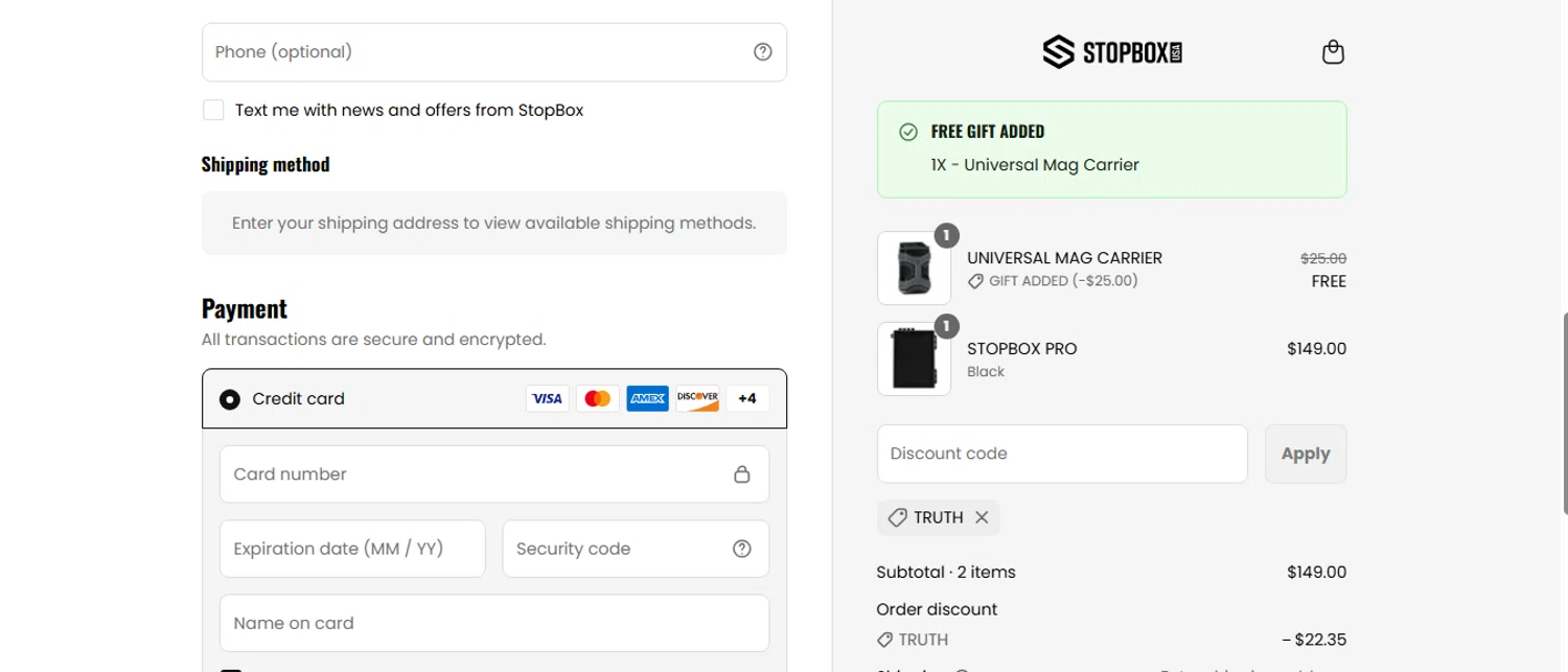 StopBox USA discount code screenshot showing code TRUTH applied at StopBox USA checkout page. Uploaded by SimplyCodes community member shark12 on Sep 5, 2025