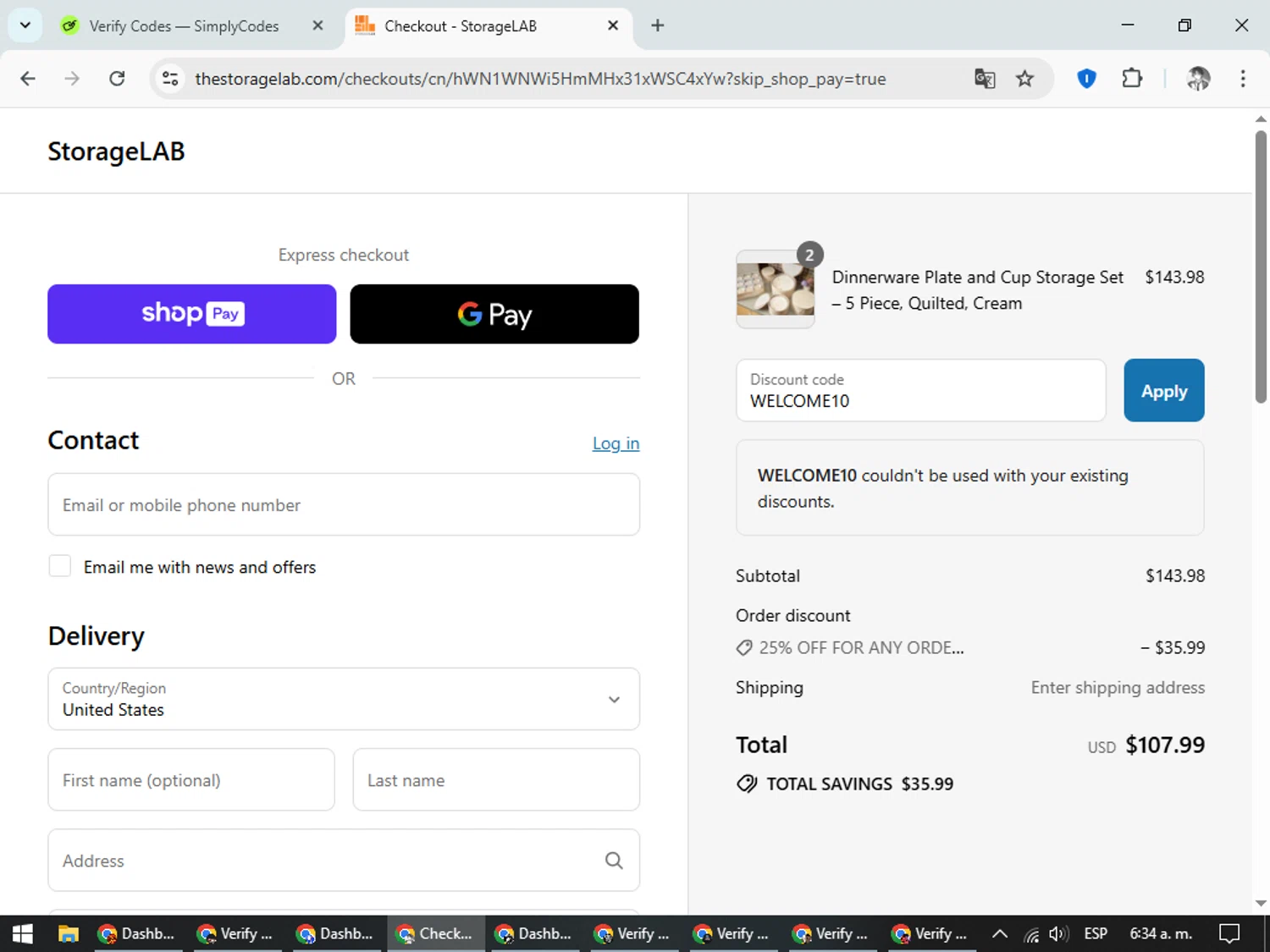 StorageLAB promo code screenshot showing code WELCOME10 applied at StorageLAB checkout page. Uploaded by SimplyCodes community member CleverLegend6607 on Aug 7, 2025