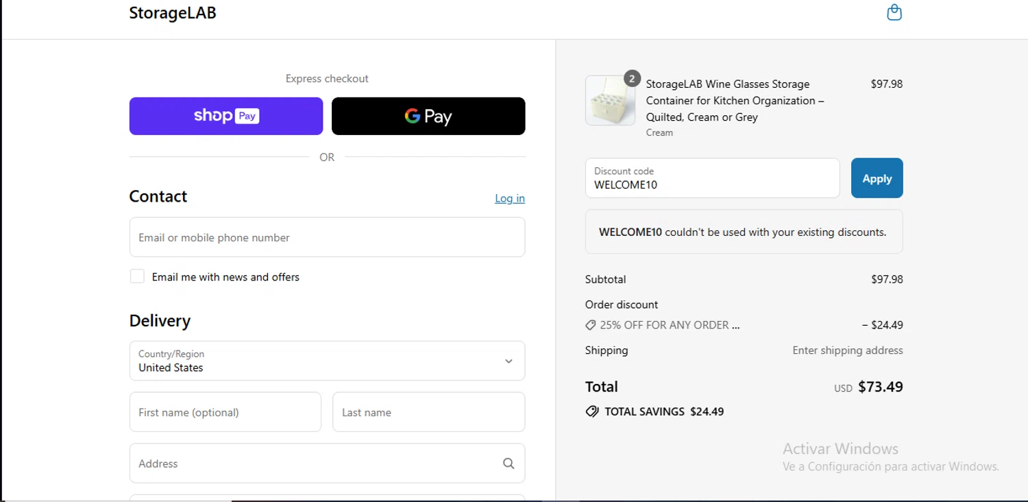 StorageLAB promo code screenshot showing code WELCOME10 applied at StorageLAB checkout page. Uploaded by SimplyCodes community member GoldSeeker7901 on Jul 29, 2025