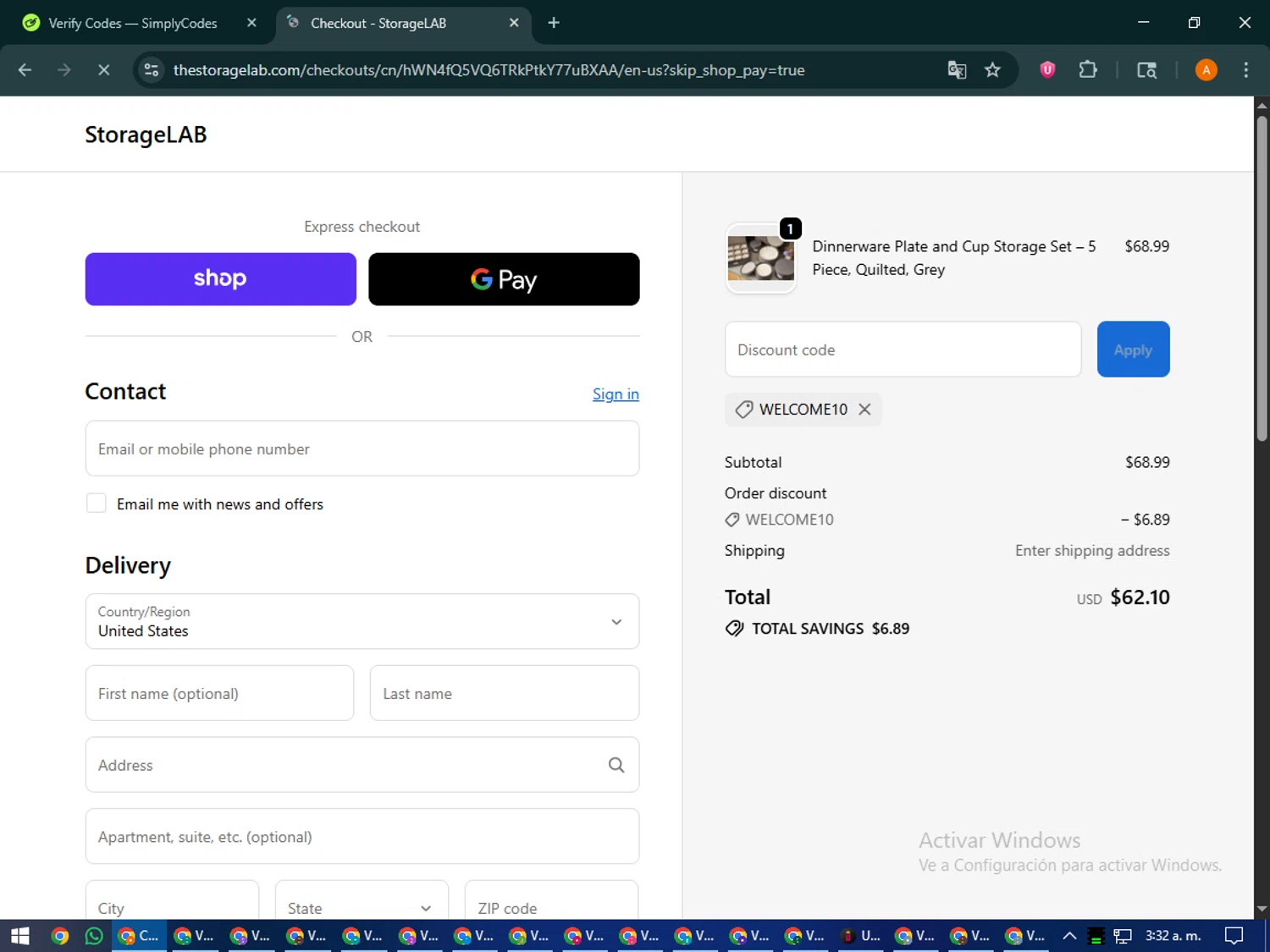 StorageLAB promo code screenshot showing code WELCOME10 applied at StorageLAB checkout page. Uploaded by SimplyCodes community member MoneyPhoenix4664 on Oct 29, 2025