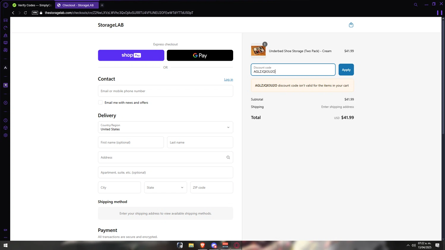 StorageLAB promo code screenshot showing code AGLZJQX3U2O applied at StorageLAB checkout page. Uploaded by SimplyCodes community member Anzeer on Apr 13, 2025