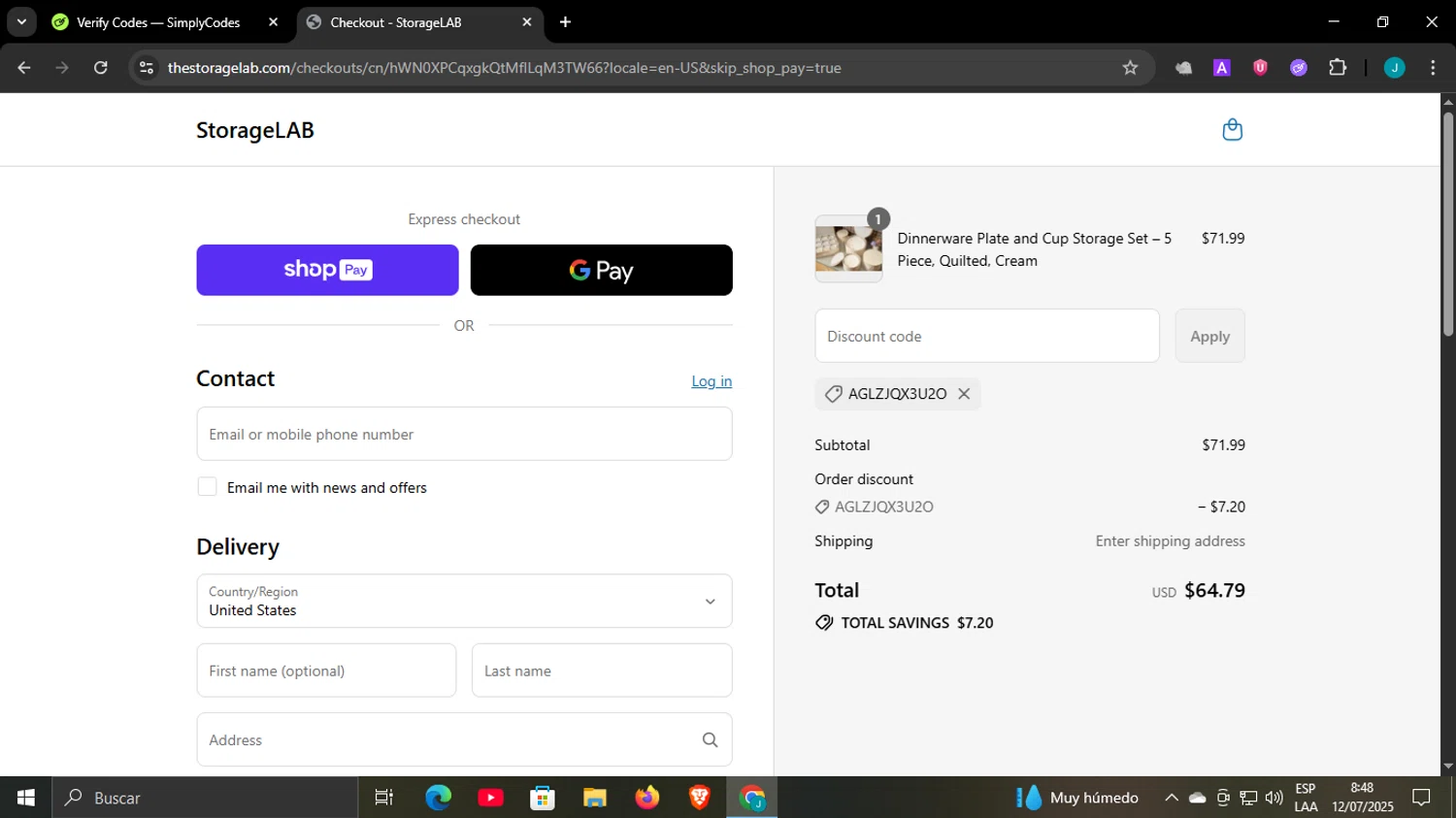 StorageLAB promo code screenshot showing code AGLZJQX3U2O applied at StorageLAB checkout page. Uploaded by SimplyCodes community member WonderCaptain6926 on Jul 12, 2025