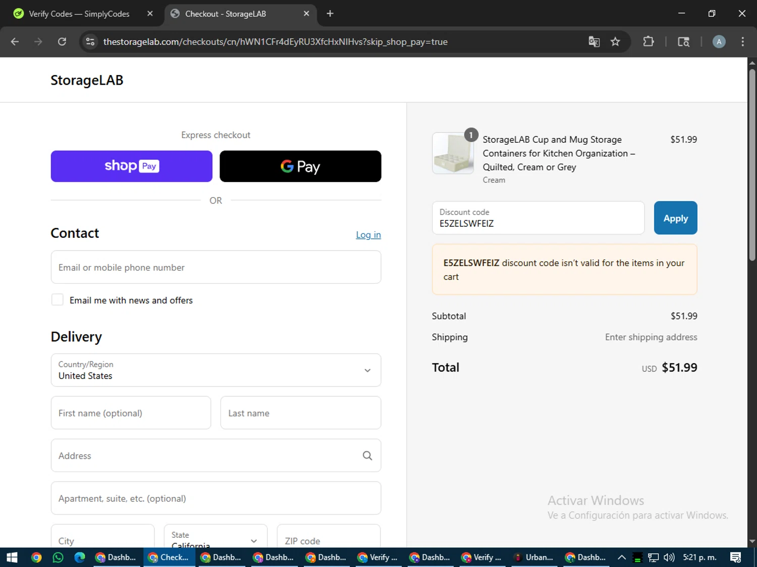 StorageLAB promo code screenshot showing code E5ZELSWFEIZ applied at StorageLAB checkout page. Uploaded by SimplyCodes community member trippieredd on Jul 29, 2025