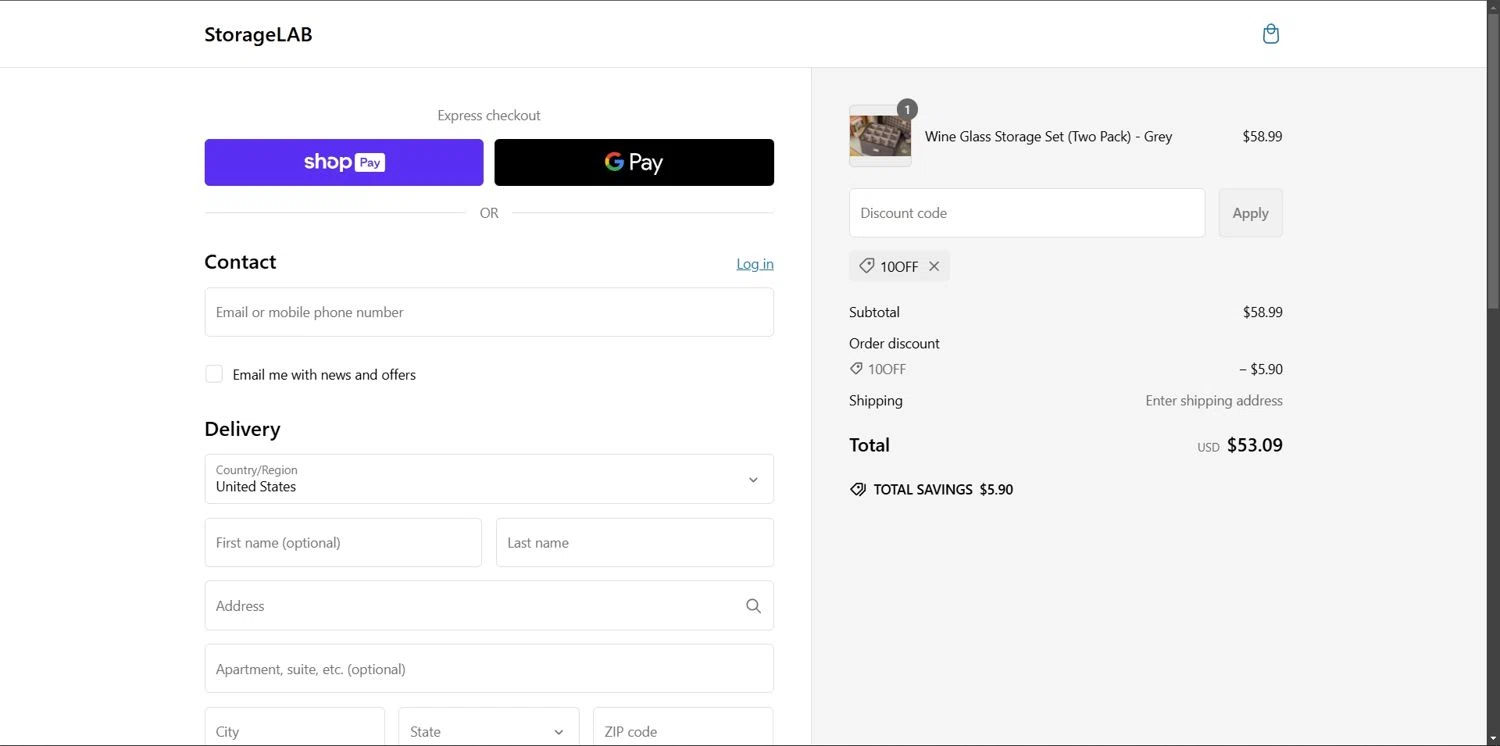 StorageLAB promo code screenshot showing code 10OFF applied at StorageLAB checkout page. Uploaded by SimplyCodes community member Depressive on Feb 3, 2025