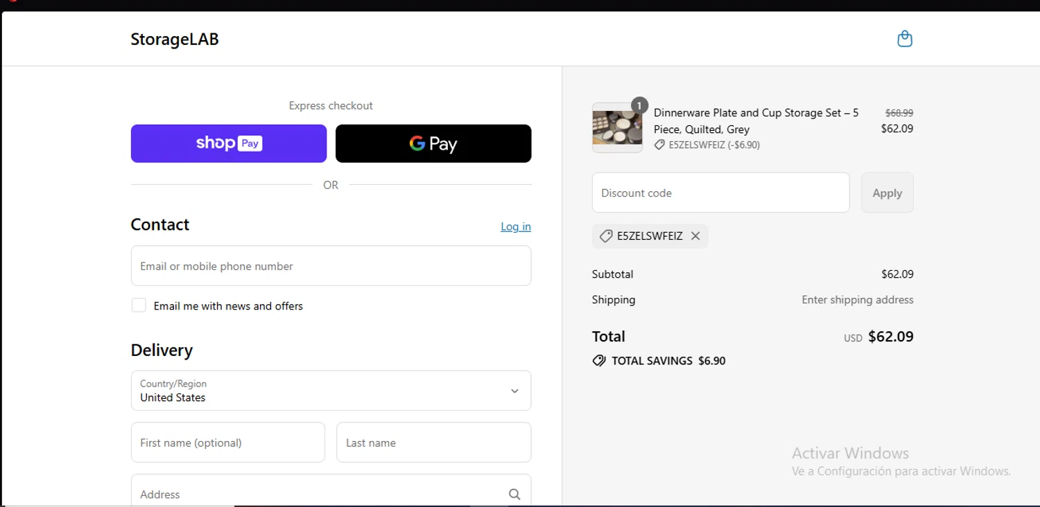 StorageLAB promo code screenshot showing code E5ZELSWFEIZ applied at StorageLAB checkout page. Uploaded by SimplyCodes community member RewardLynx9164 on Jul 29, 2025
