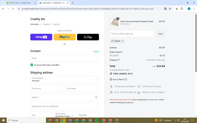 Creality Store checkout page showing Creality Store coupon code box | Screenshot taken by SimplyCodes community member on Aug 25, 2025