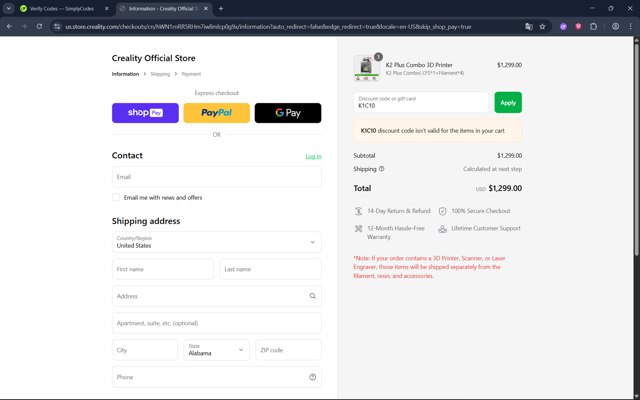 Creality Store checkout page showing Creality Store coupon code box | Screenshot taken by SimplyCodes community member on Aug 16, 2025