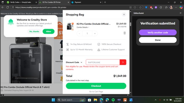 Creality Store checkout page showing Creality Store coupon code box | Screenshot taken by SimplyCodes community member on Aug 25, 2025