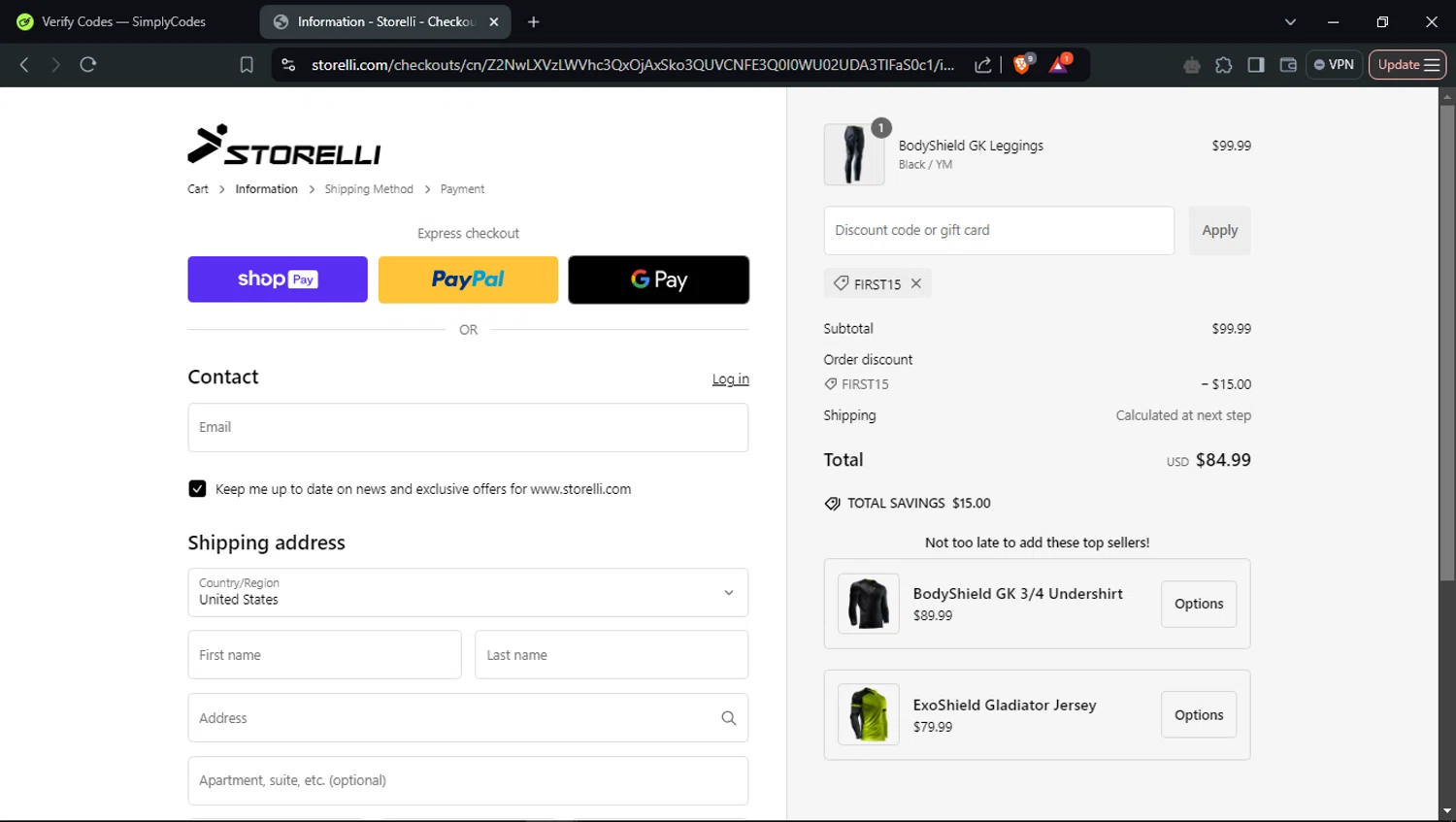 Storelli Sports promo code screenshot showing code FIRST15 applied at Storelli Sports checkout page. Uploaded by SimplyCodes community member User_Randon1 on Jan 22, 2025