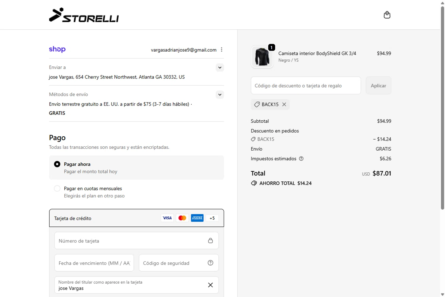 Storelli Sports promo code screenshot showing code BACK15 applied at Storelli Sports checkout page. Uploaded by SimplyCodes community member Rossimar on Jan 8, 2026
