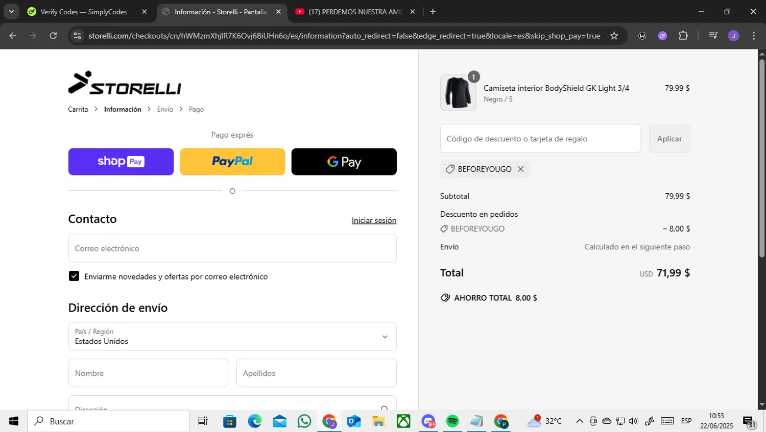 Storelli Sports promo code screenshot showing code BEFOREYOUGO applied at Storelli Sports checkout page. Uploaded by SimplyCodes community member ENCARAMESSI on Jun 22, 2025