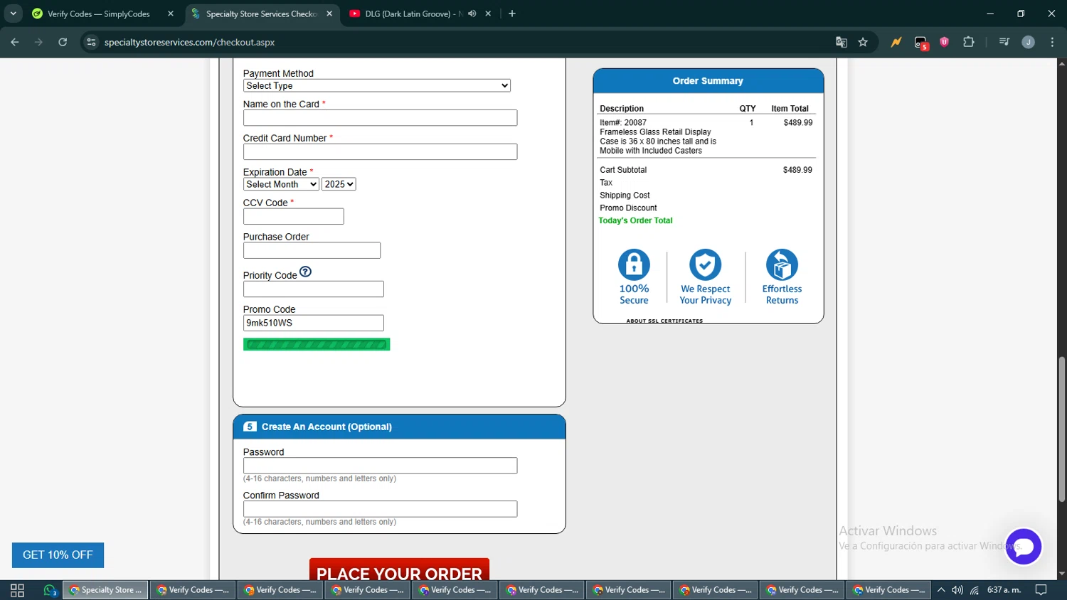 Specialty Store Services promo code screenshot showing code 9mk510WS applied at Specialty Store Services checkout page. Uploaded by SimplyCodes community member CashShopper1214 on Nov 14, 2025