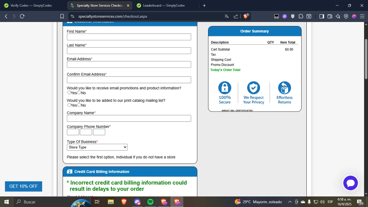 Specialty Store Services checkout page showing Specialty Store Services promo code box | Screenshot taken by SimplyCodes community member on Sep 16, 2025