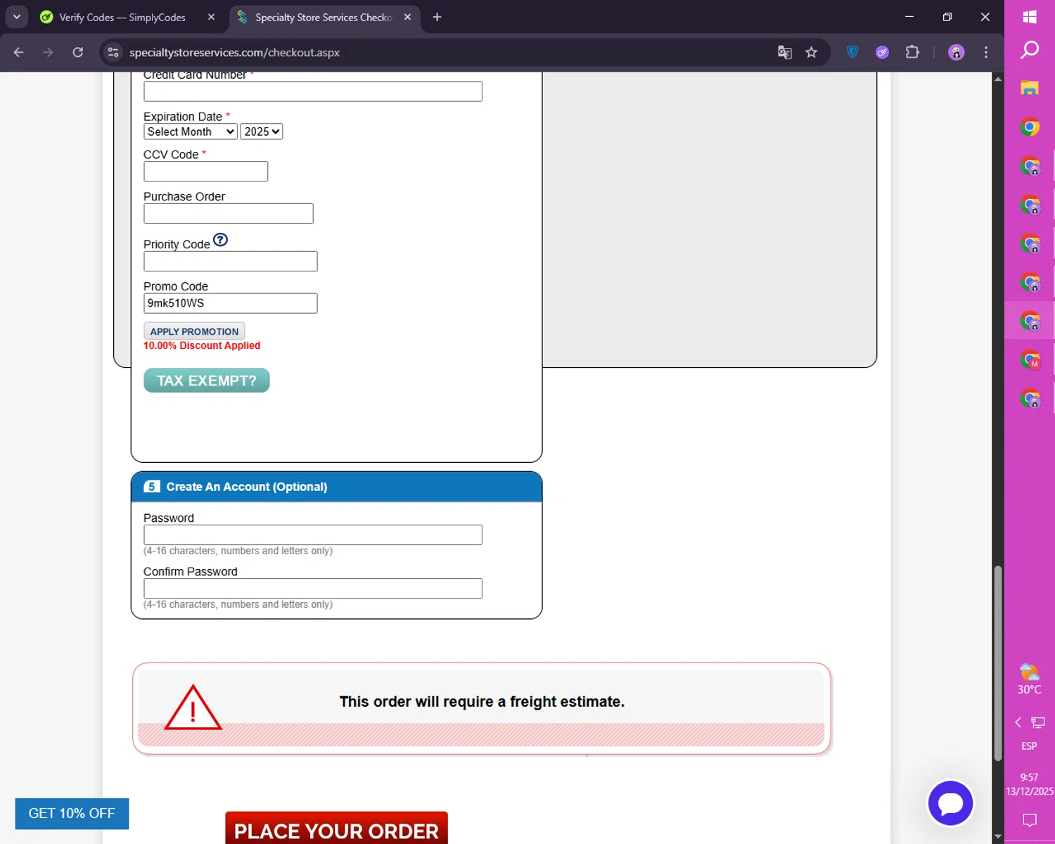 Specialty Store Services promo code screenshot showing code 9mk510WS applied at Specialty Store Services checkout page. Uploaded by SimplyCodes community member SmartLion1183 on Dec 13, 2025