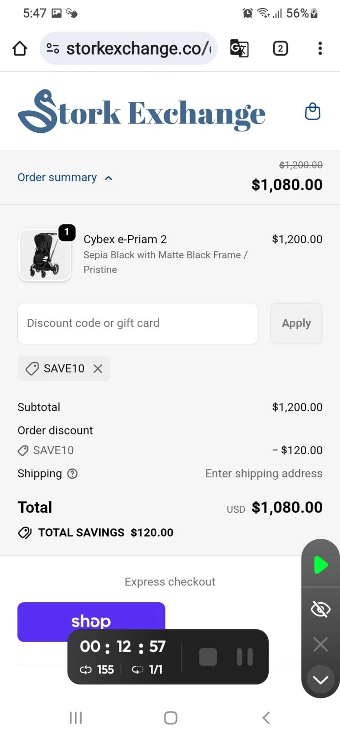 Stork Exchange discount code screenshot showing code SAVE10 applied at Stork Exchange checkout page. Uploaded by SimplyCodes community member GoldSeeker7901 on Nov 16, 2025