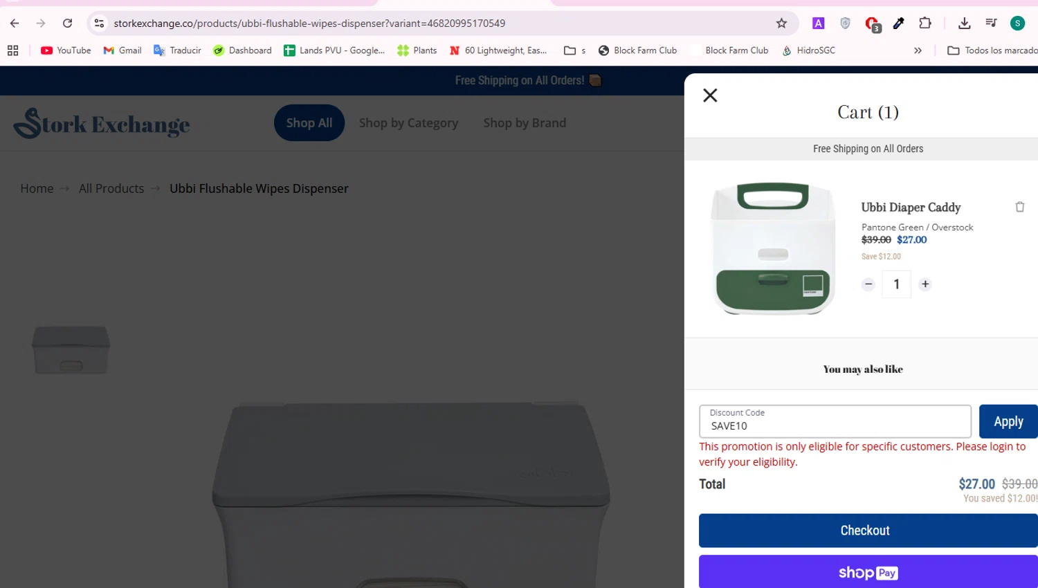 Stork Exchange discount code screenshot showing code SAVE10 applied at Stork Exchange checkout page. Uploaded by SimplyCodes community member chanyromero on Nov 5, 2025