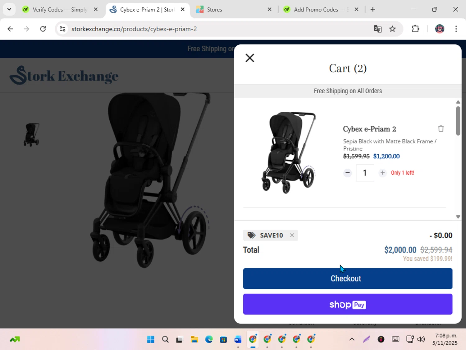 Stork Exchange discount code screenshot showing code SAVE10 applied at Stork Exchange checkout page. Uploaded by SimplyCodes community member karoline on Nov 5, 2025