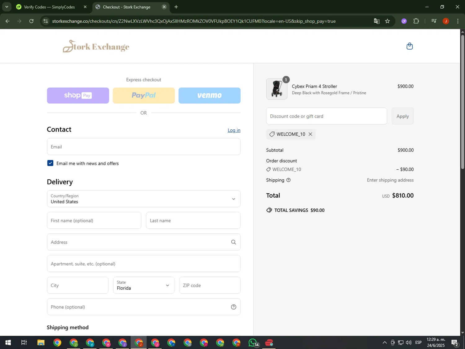 Stork Exchange discount code screenshot showing code WELCOME_10 applied at Stork Exchange checkout page. Uploaded by SimplyCodes community member KimDokja on Jun 24, 2025