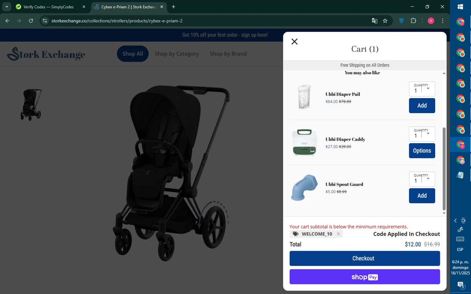 Stork Exchange discount code screenshot showing code WELCOME_10 applied at Stork Exchange checkout page. Uploaded by SimplyCodes community member RebateNavigator926 on Nov 16, 2025