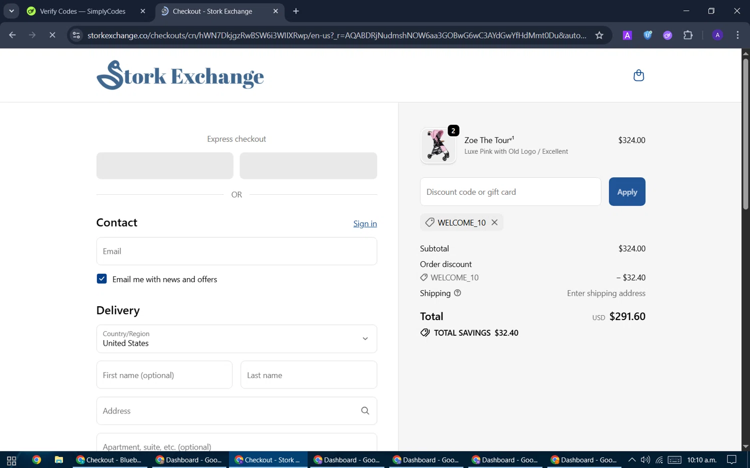 Stork Exchange checkout page showing Stork Exchange discount code box | Screenshot taken by SimplyCodes community member on Jan 4, 2026