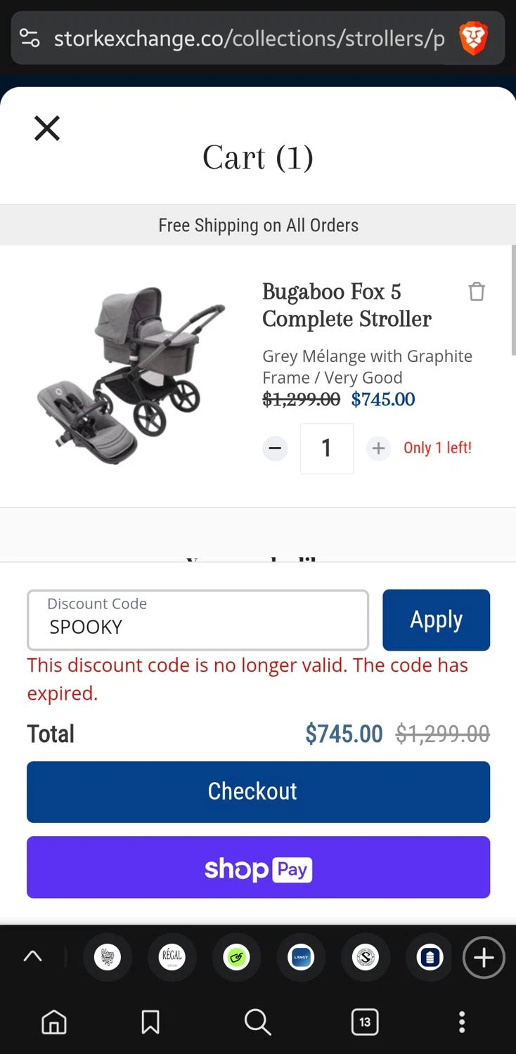 Stork Exchange discount code screenshot showing code SPOOKY applied at Stork Exchange checkout page. Uploaded by SimplyCodes community member GoldLynx7797 on Nov 5, 2025