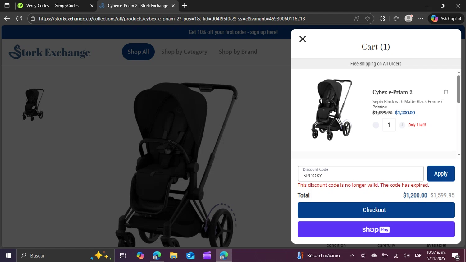 Stork Exchange discount code screenshot showing code SPOOKY applied at Stork Exchange checkout page. Uploaded by SimplyCodes community member swiftie on Nov 5, 2025