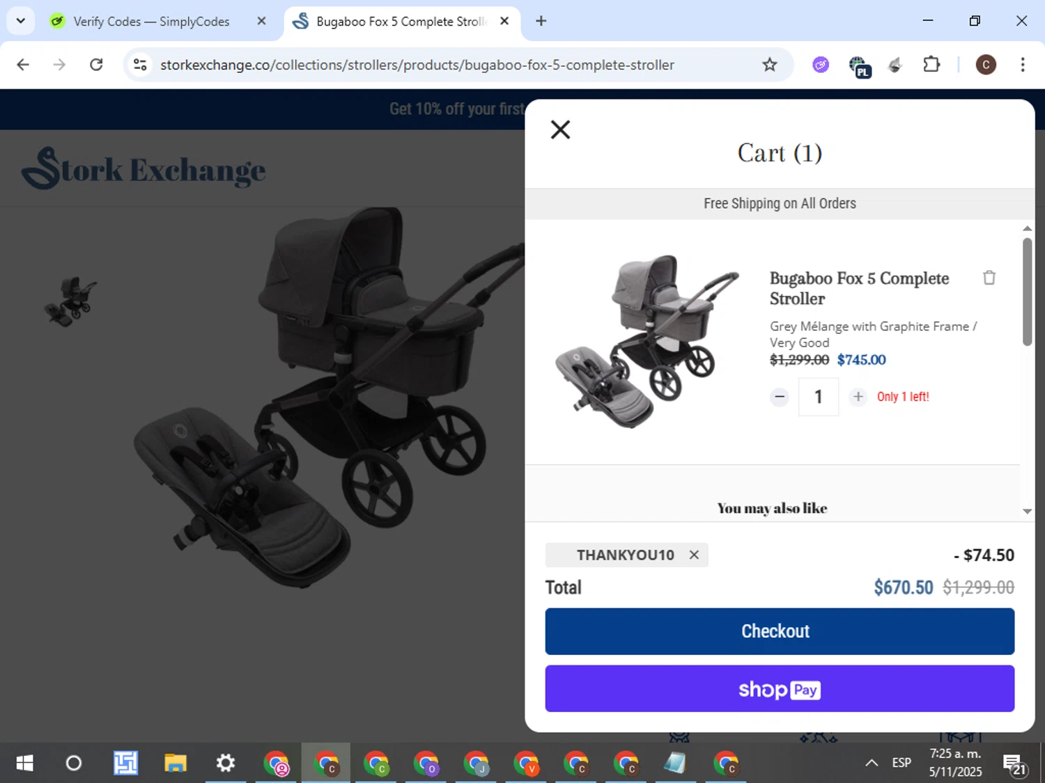 Stork Exchange discount code screenshot showing code THANKYOU10 applied at Stork Exchange checkout page. Uploaded by SimplyCodes community member VictorL on Nov 5, 2025