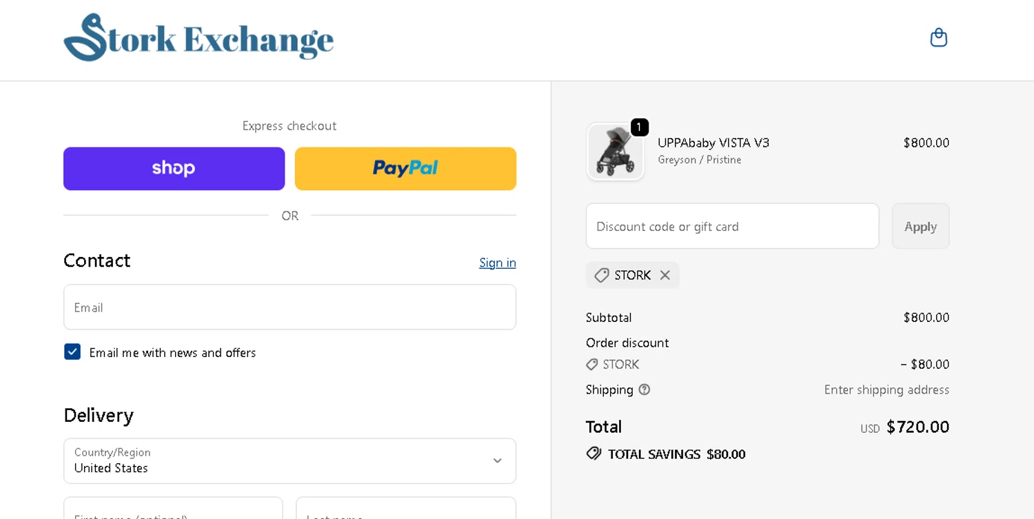 Stork Exchange discount code screenshot showing code STORK applied at Stork Exchange checkout page. Uploaded by SimplyCodes community member BLUEBLASTOISE on Nov 6, 2025