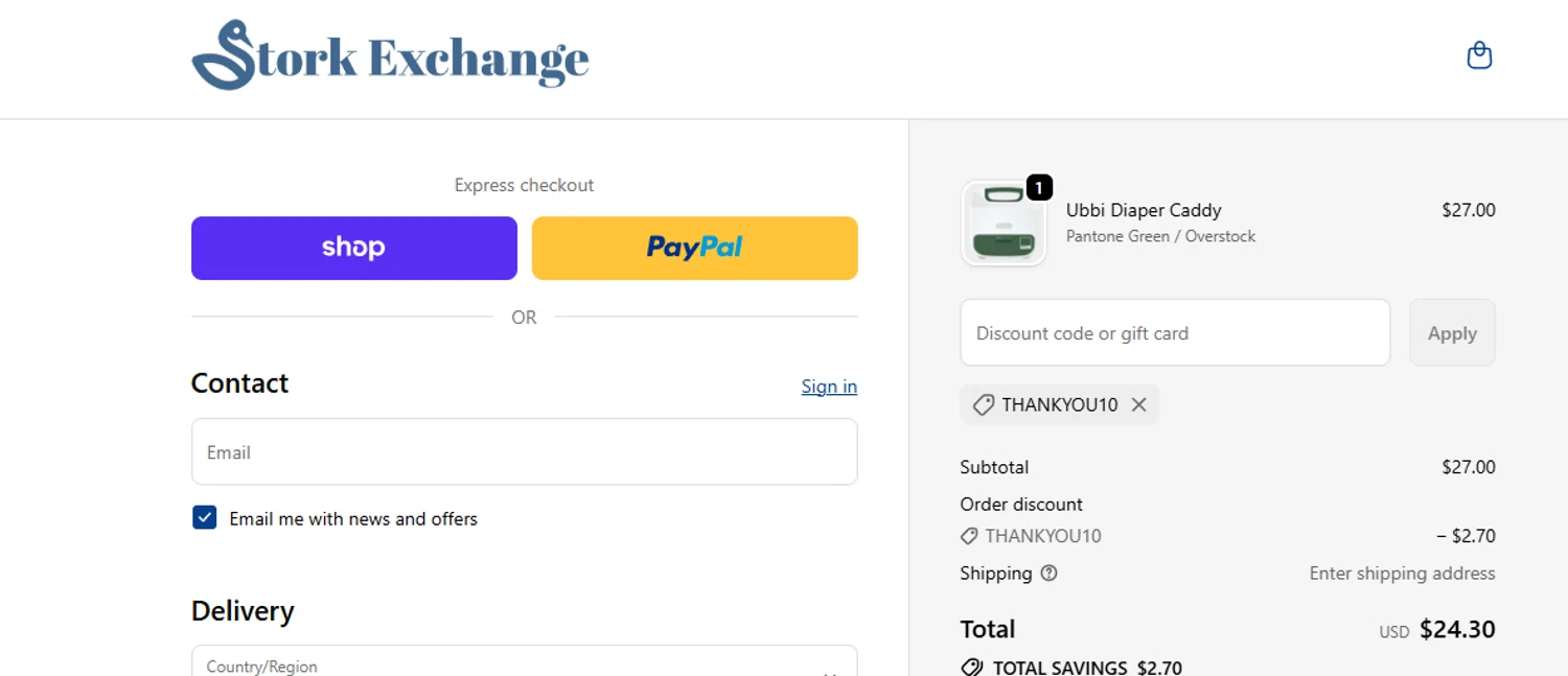 Stork Exchange discount code screenshot showing code THANKYOU10 applied at Stork Exchange checkout page. Uploaded by SimplyCodes community member ashe1986 on Nov 5, 2025