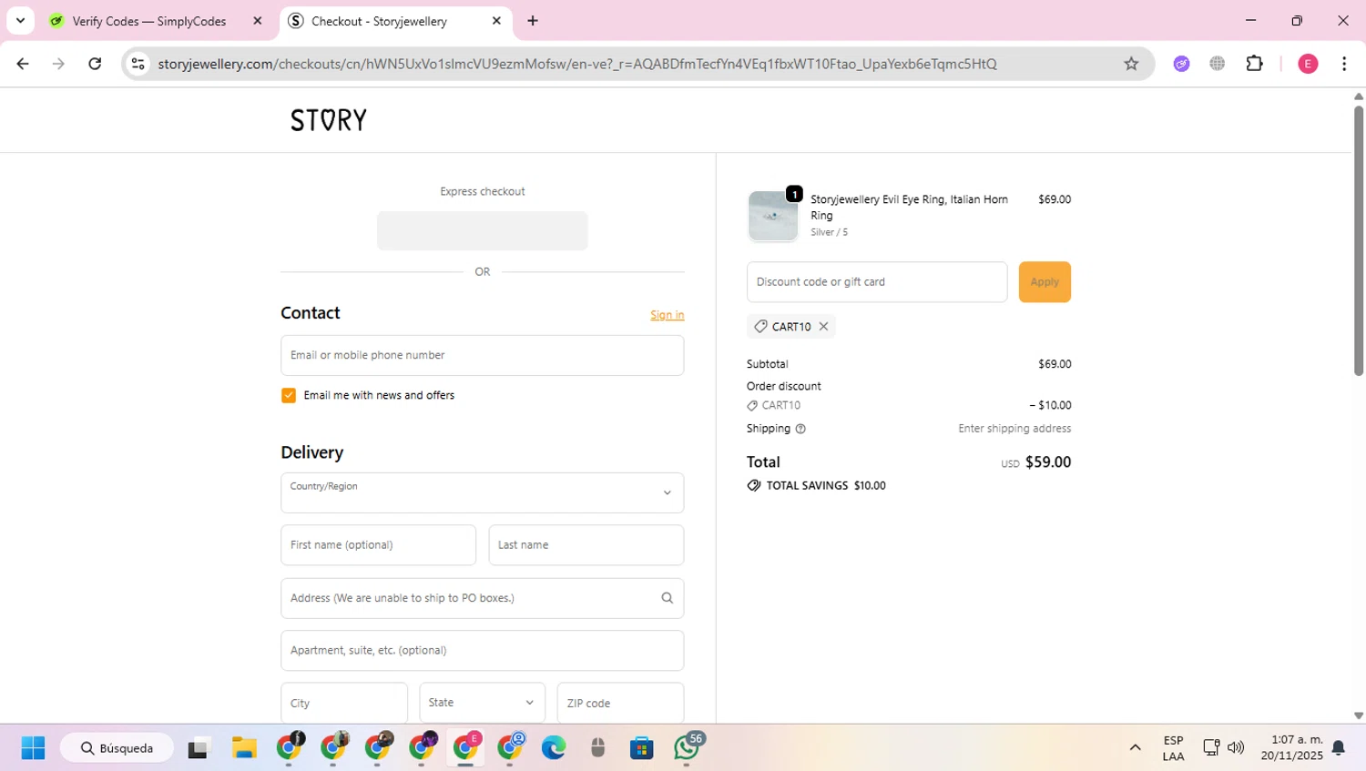 Story Jewellery discount code screenshot showing code CART10 applied at Story Jewellery checkout page. Uploaded by SimplyCodes community member VoucherExpert2930 on Nov 20, 2025
