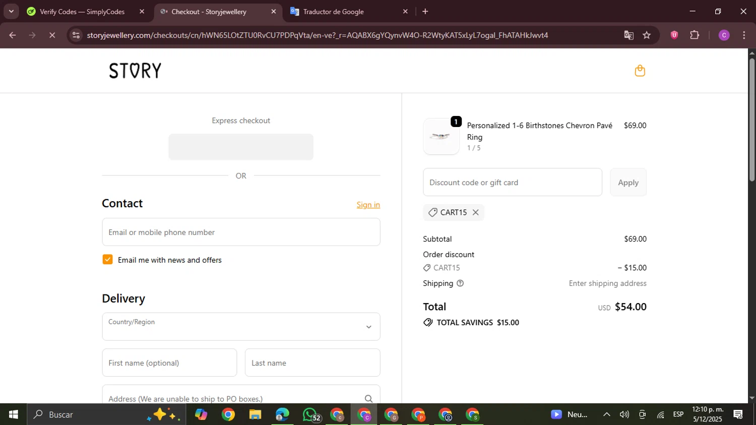 Story Jewellery discount code screenshot showing code CART15 applied at Story Jewellery checkout page. Uploaded by SimplyCodes community member FrugalPro5078 on Dec 5, 2025